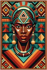 African woman adorned with traditional patterns symbolizing cultural diversity and heritage. Ethnic poster with African pattern and pride woman's face for black history month or Juneteenth