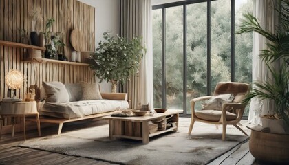 Fototapeta premium Inviting Simplicity: 3D Render of Cozy Modern Room with Natural Wood Accents