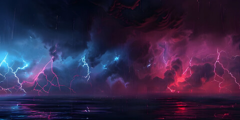 Dramatic Thunderstorm Lightning Sky Background, Electric Thunderstorm Lightning Strike Background - Ai Generated