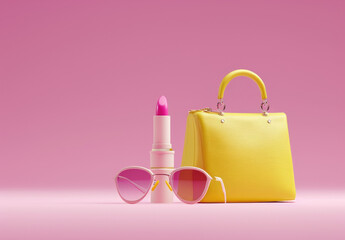 Obraz na płótnie Canvas 3d rendering of yellow handbag, sunglasses and lipstick floating on pink background. Minimal style fashion concept with flying accessories. Fashion icon