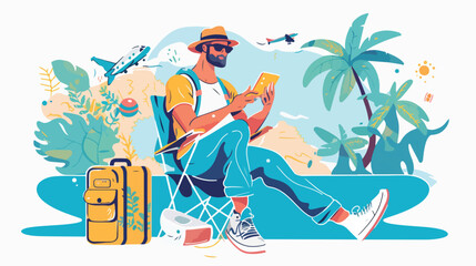 Man planning vacation and booking air tickets. Vector