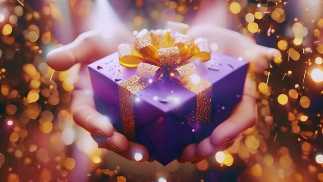 Purple giftbox in hand flying with golden particles. Realistic violet gift box with golden ribbon bow background. Concept of abstract holiday, birthday or wedding present or surprise. Mother's Day. 4k