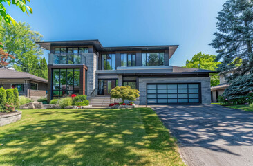 A beautiful modern home in the tomball neighborhood of vancouver, dramatic angle, grey and orange tones, large windows, stone accents on exterior walls, double garage with glass door