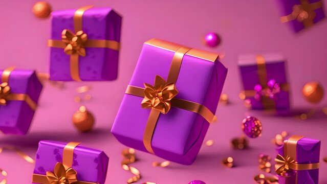 Purple giftbox flying with golden particles. Realistic violet gift box with golden ribbon bow background. Concept of abstract holiday, birthday or wedding present or surprise. Mother's Day. 4k video 