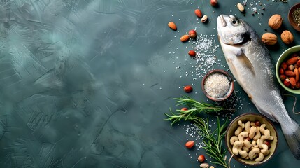 Fresh fish with herbs, nuts, and spices on a dark surface. Healthy food concept. Gourmet seafood ingredients. Perfect for culinary blogs. AI