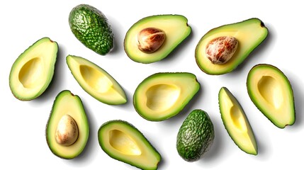 Fresh Avocado Assortment on White Background. Halved and Whole Avocados Arranged Artistically. Perfect for Healthy Lifestyle Promotions. AI