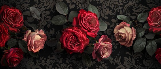 Wallpaper featuring an antiquestyle bouquet of beautiful roses, arranged on a black background with baroque patterns in an oldfashioned style