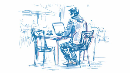 Man with laptop in a cafe. Hand drawn style vector - obrazy, fototapety, plakaty