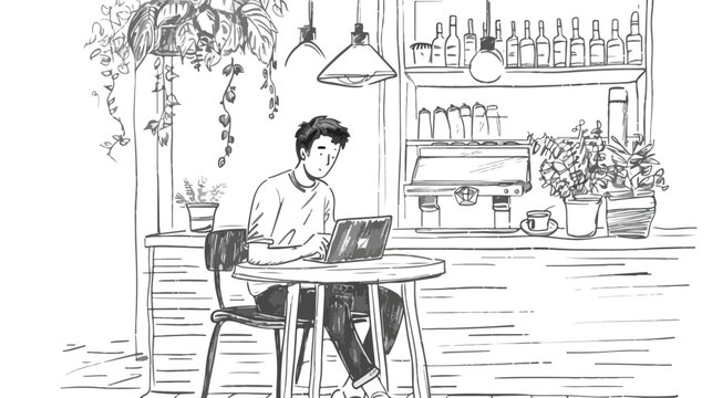 Man with laptop in a cafe. Hand drawn style vector