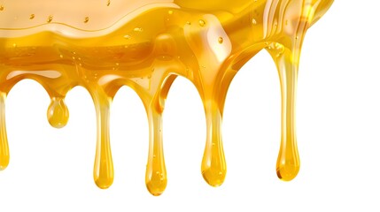 Viscous golden honey drips smoothly against a white background. Perfect for food advertising, a natural and sweet ingredient. High-quality, detailed image. AI - obrazy, fototapety, plakaty