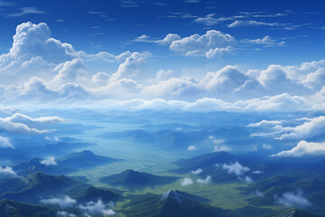 cosmos field in aerial view on the horizon of mountain, above is the deep blue sky with white clouds