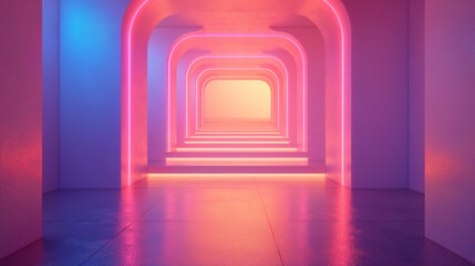 Light streams through a long, empty corridor lined with columns in a modern architectural design