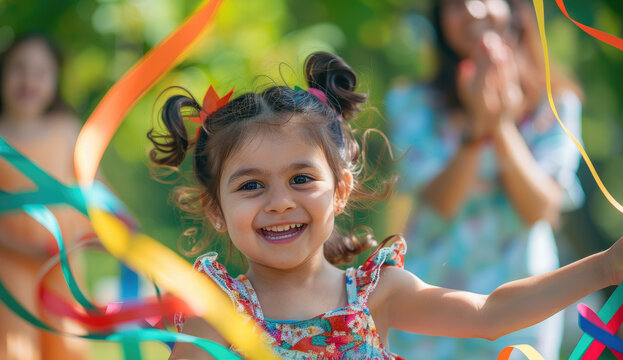 a young child playing with colorful paper at an outdoor party in the park, laughing and smiling as they hold out their hand to catch flying papers.