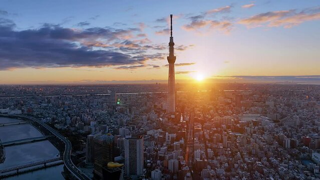 Tokyo sky tree, Tokyo city and Sumida river. Colorful morning scene of Japan, Asia. Traveling concept background.