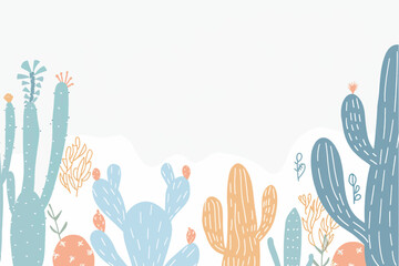 Cute cacti hand drawn sketch style landscape illustration