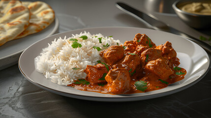 A Plate of Food - The Dish is Butter Chicken with Jasmine Rice