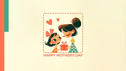Daughter Surprising Mother with Gift Present on Mother's Day, Family Illustration, Greeting Card Design and Gifts