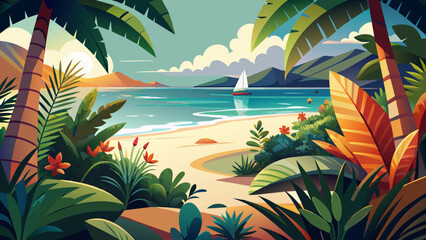 Tropical Beach Paradise with Lush Foliage and Sailing Yacht