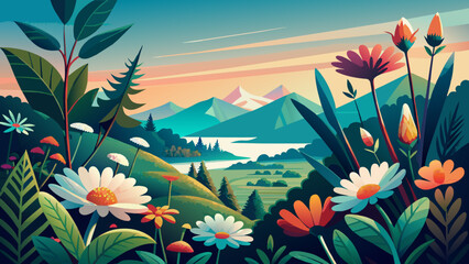 Obraz premium Colorful Illustrated Landscape with Flowers, Mountains, and Lake at Sunset