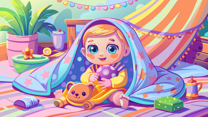 Obraz na płótnie Canvas Cheerful Toddler Playing in a Cozy Blanket Fort with Teddy Bear