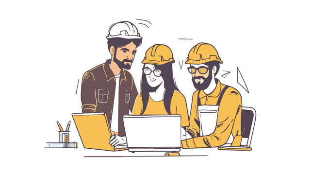 Engineer team working by laptop computer. Hand drawn