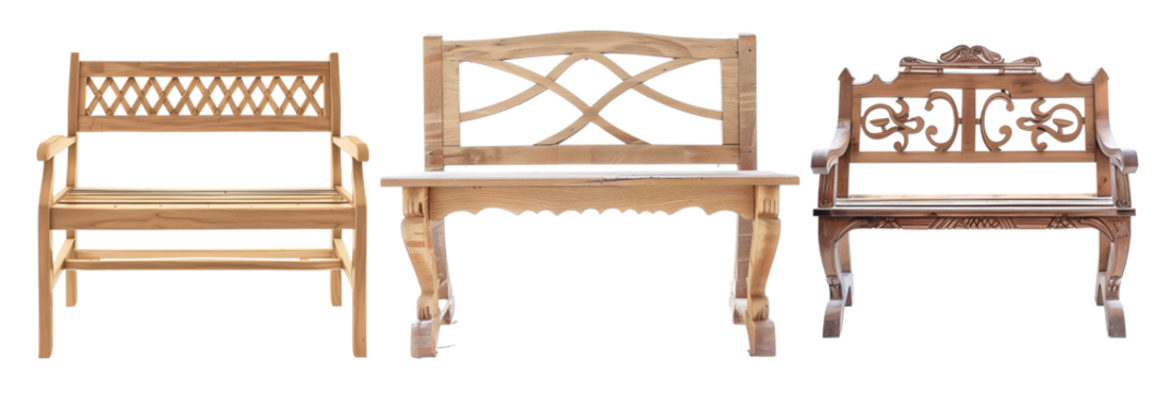 set of different wooden benches, each blending functionality with decorative art, isolated on transparent background