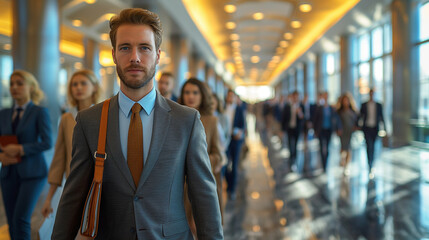 1. Corporate Office: A line of neatly dressed individuals snakes its way through the lobby of a sleek corporate office building, each person clutching a portfolio and wearing a mix - obrazy, fototapety, plakaty