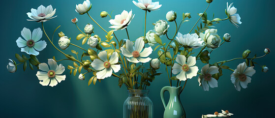 a many white flowers in a vase on a table