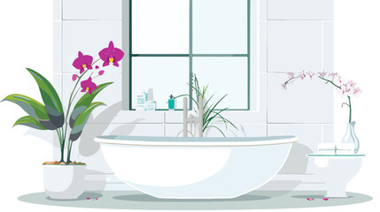 Modern bathroom interior with orchid. Flat vector illustration