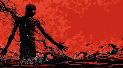 A painting depicting a man standing in water