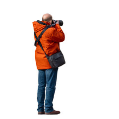 Homme, photographe, vue de profil ,légèrement de dos, qui prend une photo. Il est habillé avec...