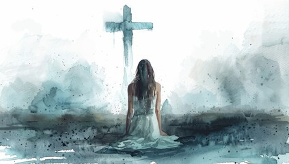 Young woman kneeling and looking at the cross in the sky.  Digital watercolor painting.