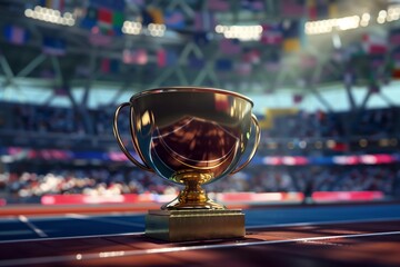 Gold trophy cup on professional grand arena