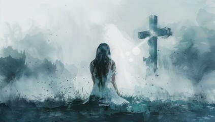 Young woman kneeling and looking at the cross in the sky.  Digital watercolor painting.
