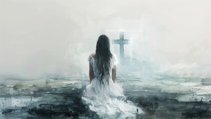 Obraz premium Young woman kneeling and looking at the cross in the sky. Digital watercolor painting.