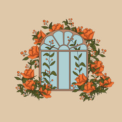 Vintage window with roses. Vector illustration.