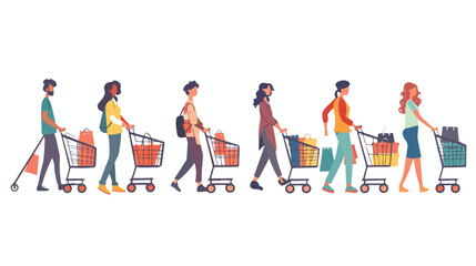 People with shopping carts set. Buyers consumers with