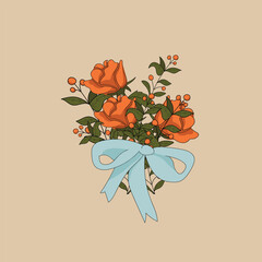 A bouquet of roses and a blue bow. Vector illustration.