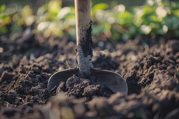 Digging the spring soil with a shovel. Close-up, shallow depth of field. generative ai