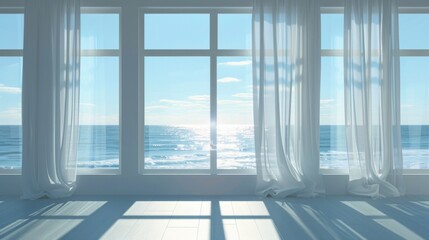 Fototapeta premium A large window overlooking the ocean with white curtains. The curtains are open, allowing the sunlight to shine through and illuminate the room. The scene is serene and peaceful