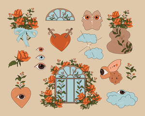 Set of cute elements. Vector abstract illustration on isolated background. Heart, eyes, roses, window, bouquet, clouds.