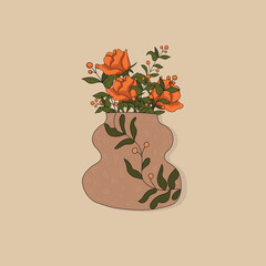 Hand drawn vase with roses. Vector illustration.