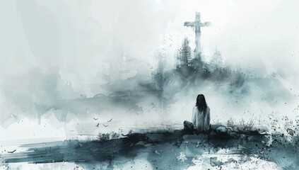 Young woman kneeling and looking at the cross in the sky.  Digital watercolor painting. - obrazy, fototapety, plakaty