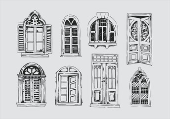 Set of different closed windows and doors isolated on white background. Vector hand drawn doodle illustration.