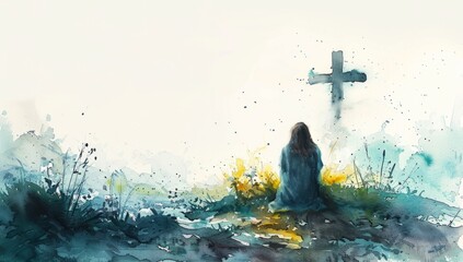Young woman kneeling and looking at the cross in the sky.  Digital watercolor painting.