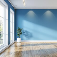 A large empty room with a blue wall and a white ceiling. A potted plant sits in the corner of the room