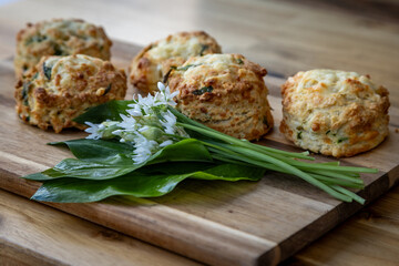 A close up of fresh scones, flavoured with wild garlic and cheese