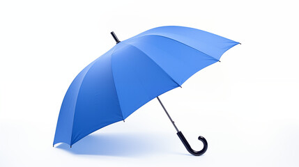 Blue umbrella in tilted position on white background