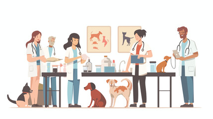 Pet veterinary clinic. Veterinary doctors with animal