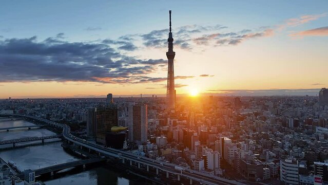 Tokyo sky tree, Tokyo city and Sumida river. Colorful morning scene of Japan, Asia. Traveling concept background.